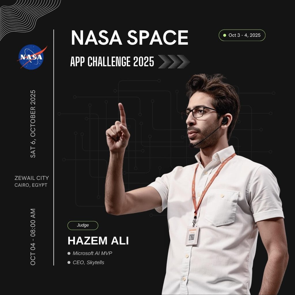 Hazem Ali, CEO of Skytells and Microsoft MVP, judging AI and innovation projects at NASA Space Apps Cairo 2025 at Zewail City of Science and Technology
