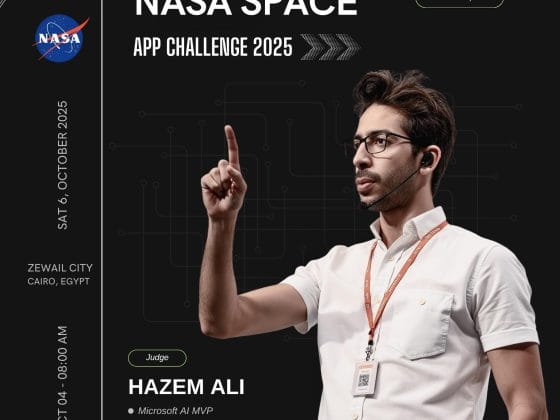 Hazem Ali, CEO of Skytells, judging AI and innovation projects at NASA Space Apps Cairo 2025 at Zewail City of Science and Technology